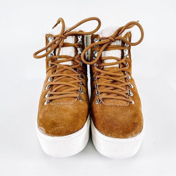 Marc Fisher Darlen Brown Tan Leather Sherpa Casual Winter Lace Ankle Boots Sz 7 - Picture 3 of 7